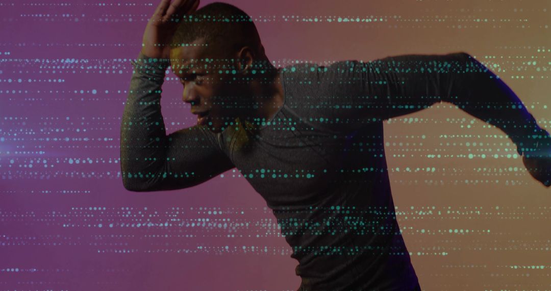 Athlete Sprinting with Futuristic Glitch Effect Overlay