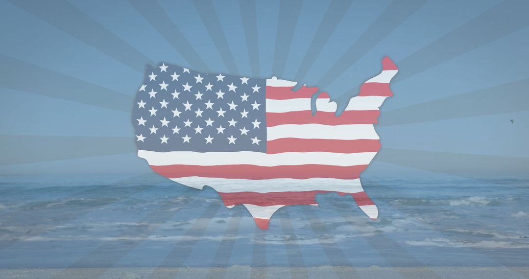 USA Map with American Flag Overlaid on Beach Background