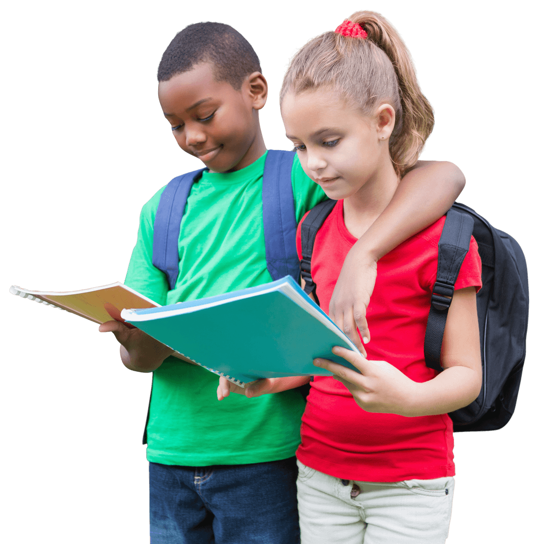 Diverse Children with Backpacks and Notebooks on Transparent Background