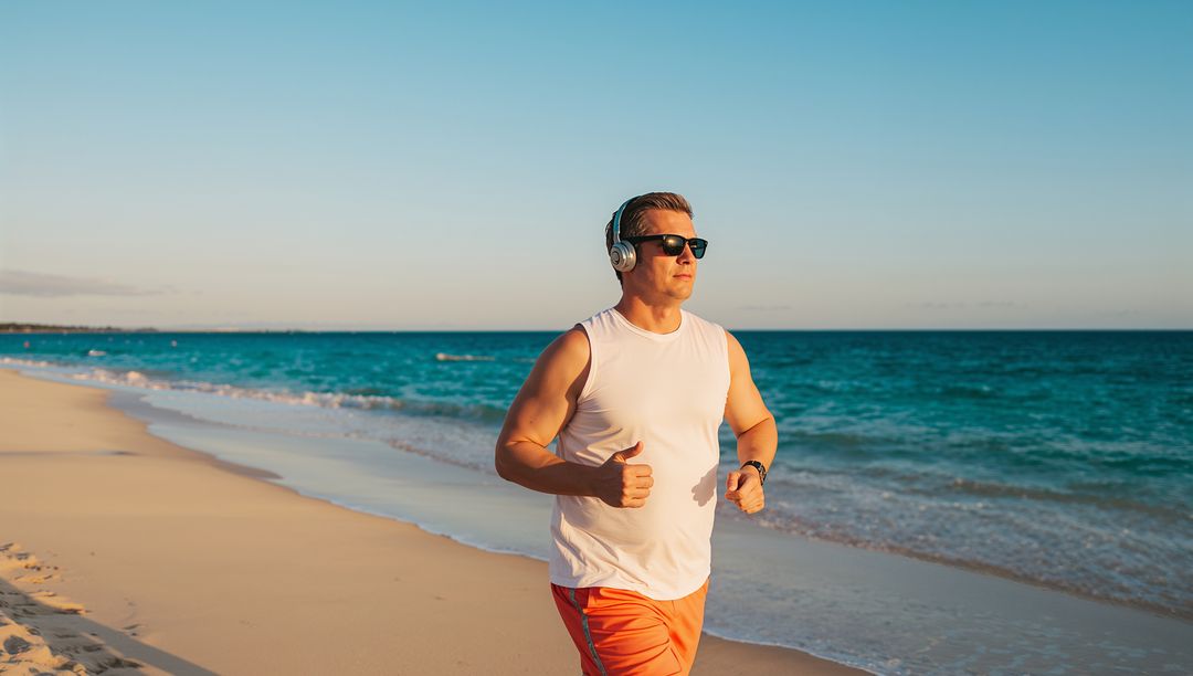 Man Jogging on Sunny Beach with Headphones and Sunglasses