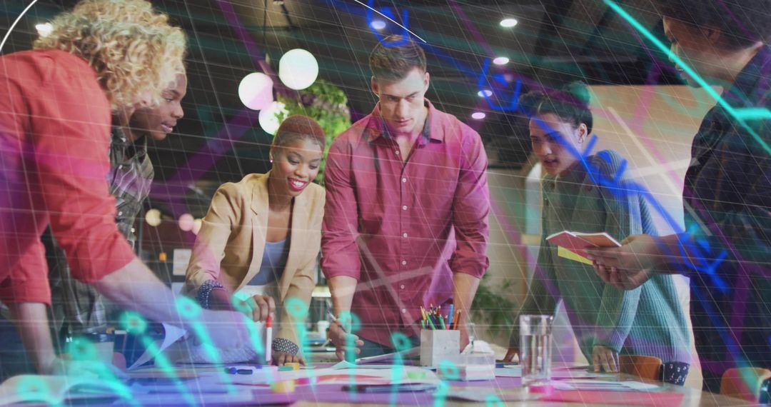 Diverse Team Collaborating on Project with Neon Digital Overlay