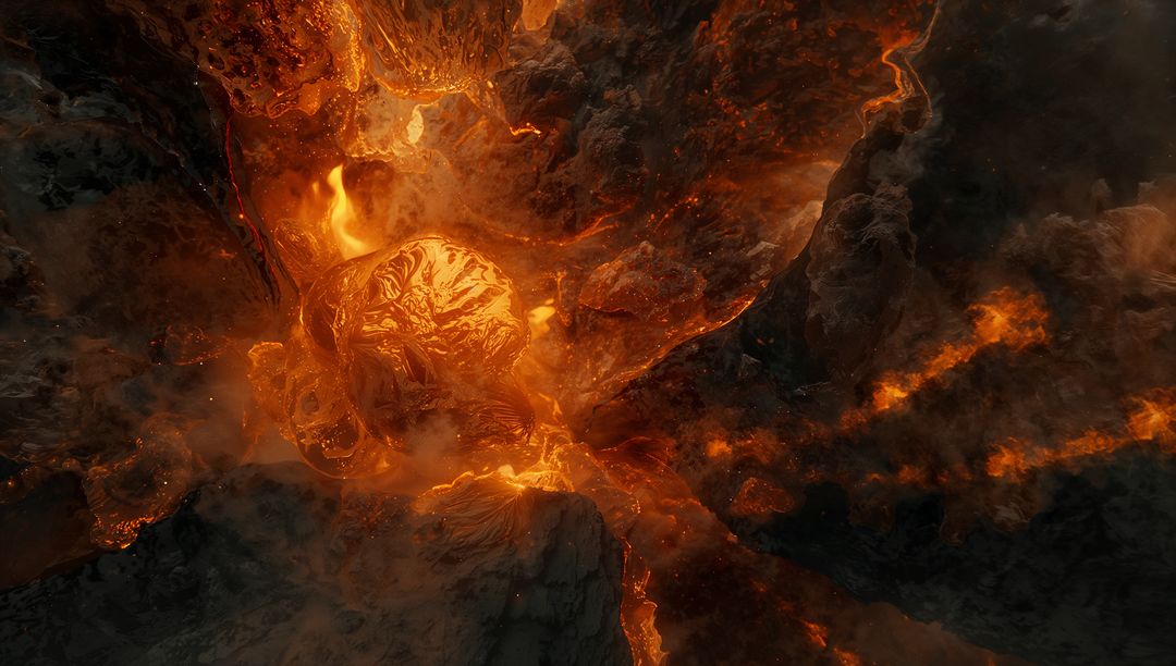 Molten Lava Flowing Through Rock Fissures Emanating Heat and Gases