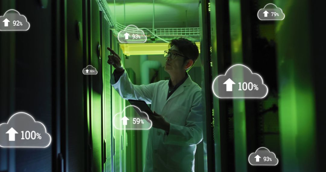 Technician Examining Cloud Data in Server Room