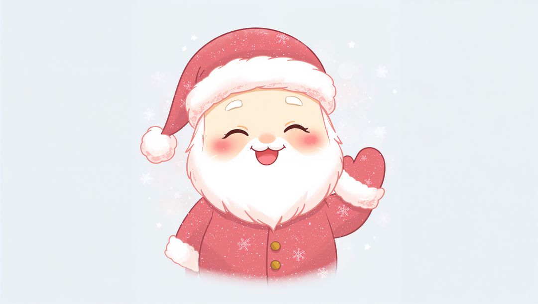 Cute Smiling Santa Waving in Red Fur-Trimmed Hat and Mittens with Snowflakes