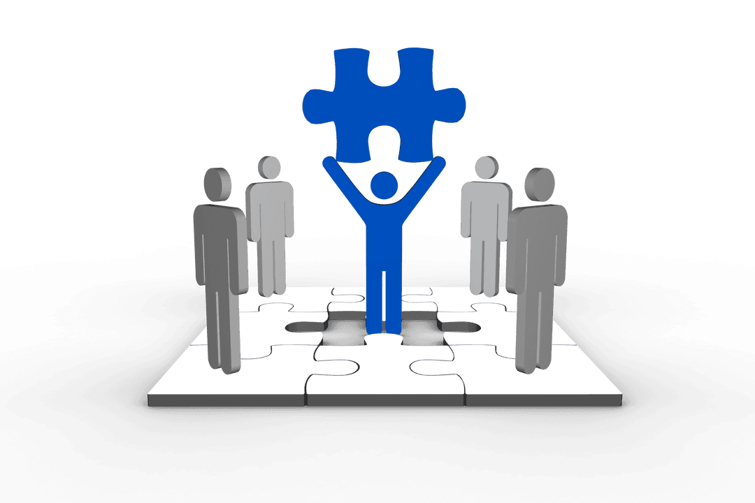 Transparent Blue Figure Holding Puzzle Piece on Grid