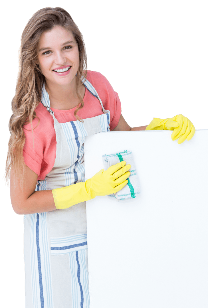 Smiling Transparent Background Woman Cleaning with Gloves and Apron