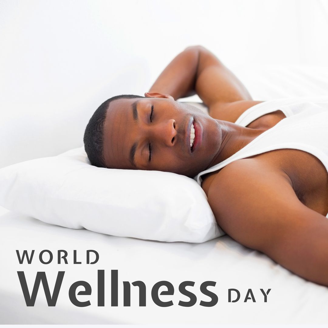 Relaxed Young Man Enjoys Restful Sleep for World Wellness Day Concept