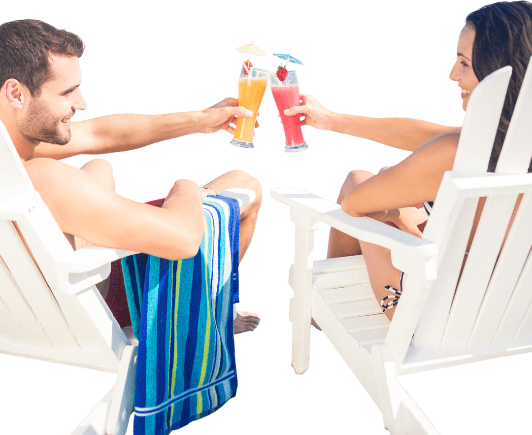 Transparent Happy Couple Enjoying Sunny Drinks in Adirondack Chairs