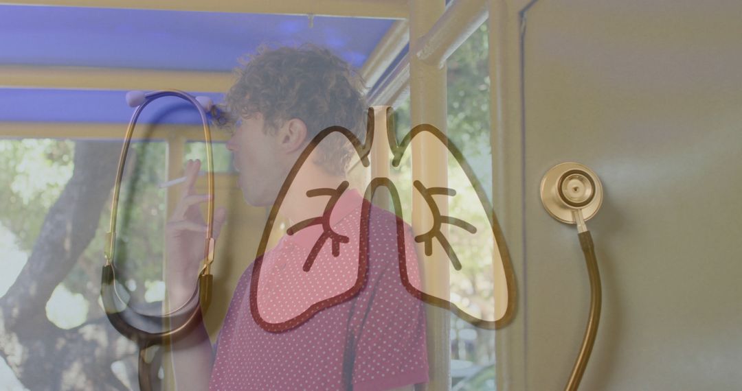 Image of lungs over stethoscope and caucasian boy smoking cigarette in background - Free Images, Stock Photos and Pictures on Pikwizard.com