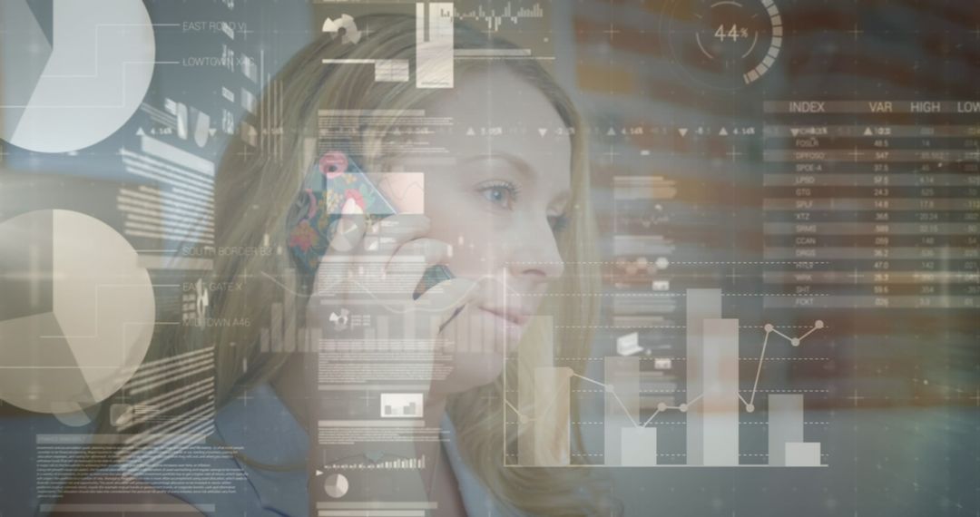 Businesswoman Analyzing Data on Smartphone with Digital Overlays