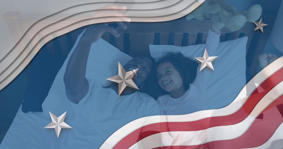 Father and Daughter Lying on Bed Taking Selfie with Patriotic Overlay - Free Images, Stock Photos and Pictures on Pikwizard.com