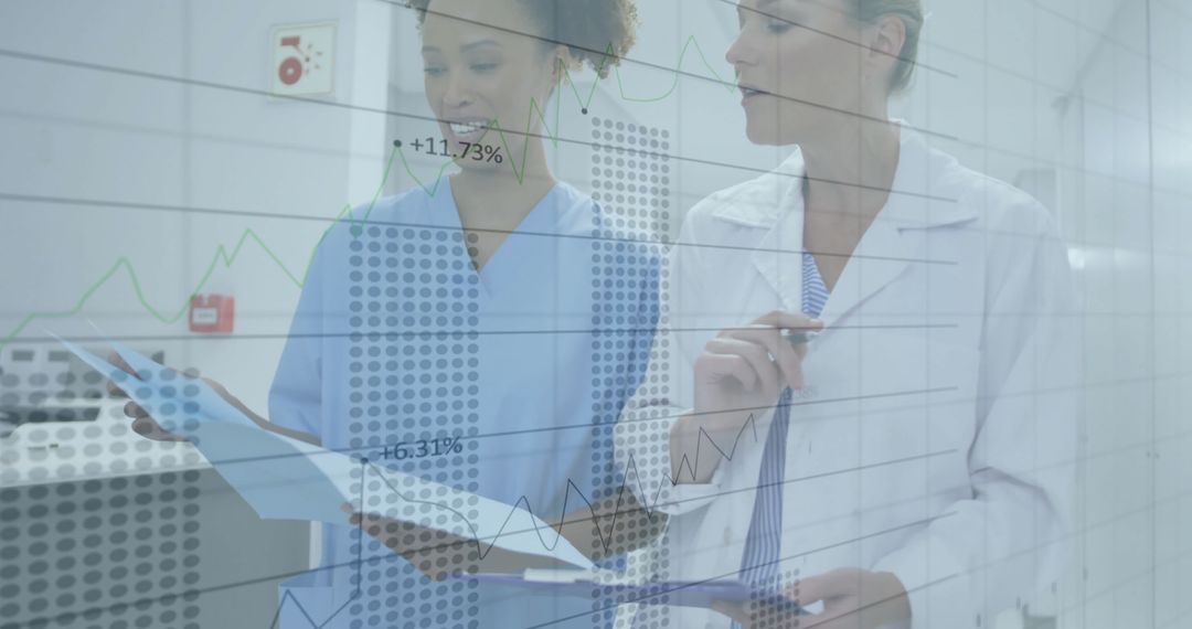 Medical Professionals Analyzing Patient Data with Digital Trends Overlay