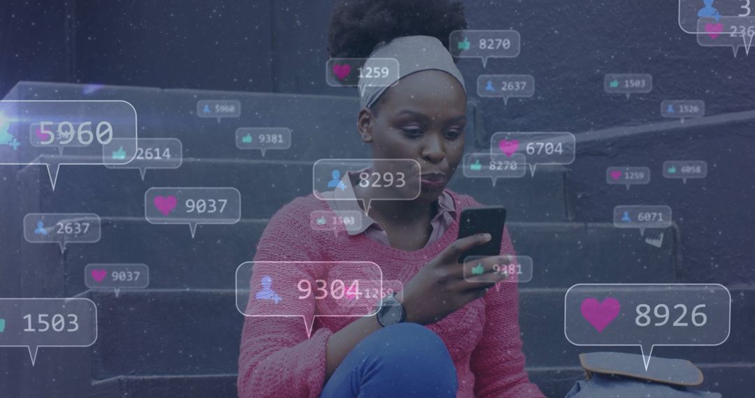 Woman Engaged with Smartphone Amidst Social Media Alerts