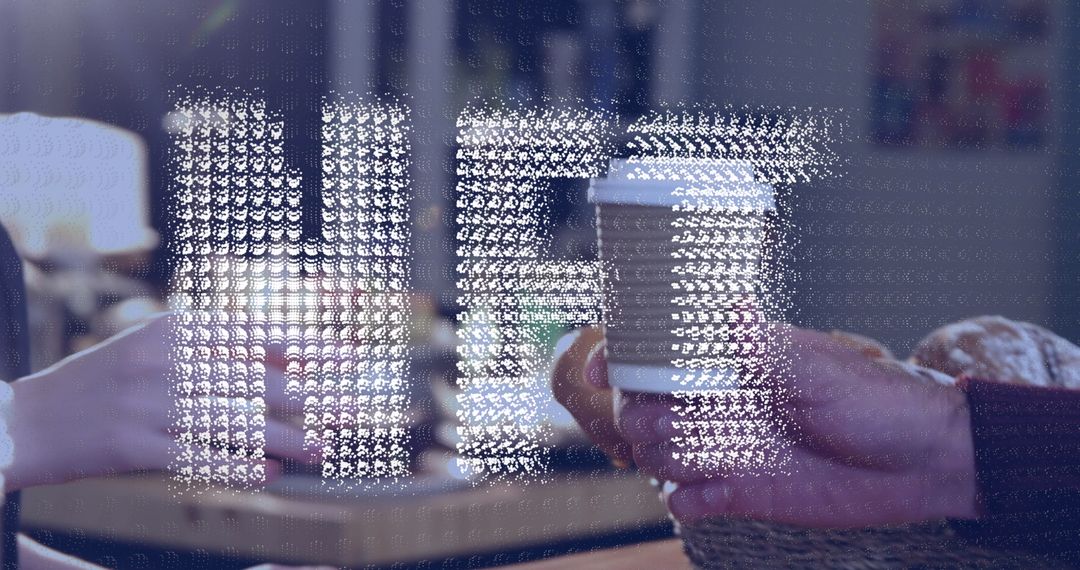 Futuristic Digital Network Interface in Coffee Shop Scene