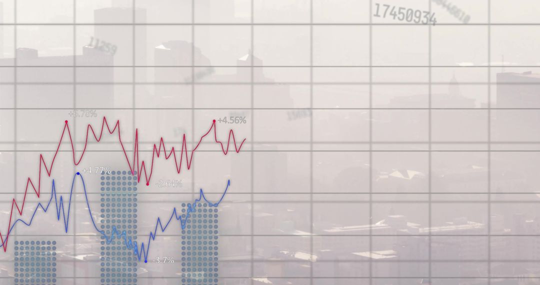 Financial Data Displayed Over Hazy City Skyline