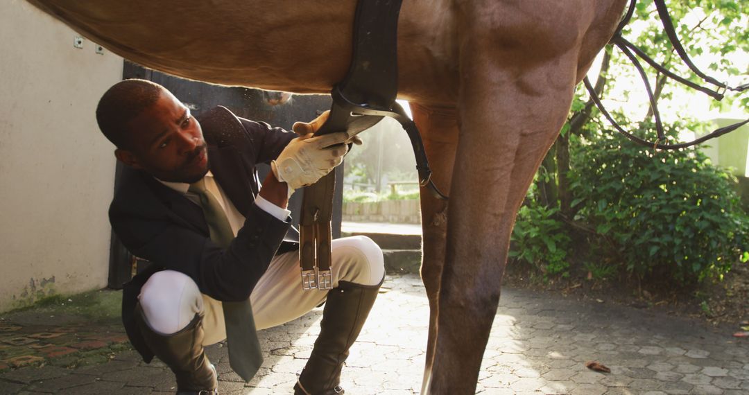 Male Equestrian Preparing Horse for Riding Outdoors - Free Images, Stock Photos and Pictures on Pikwizard.com