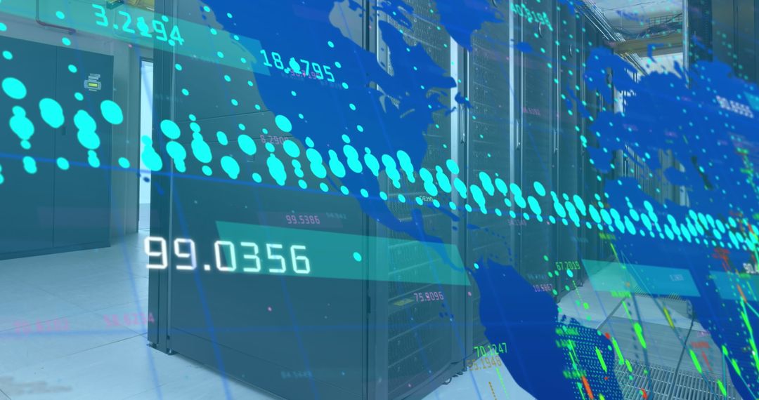 Digital Interface with World Map Overlay on Server Room