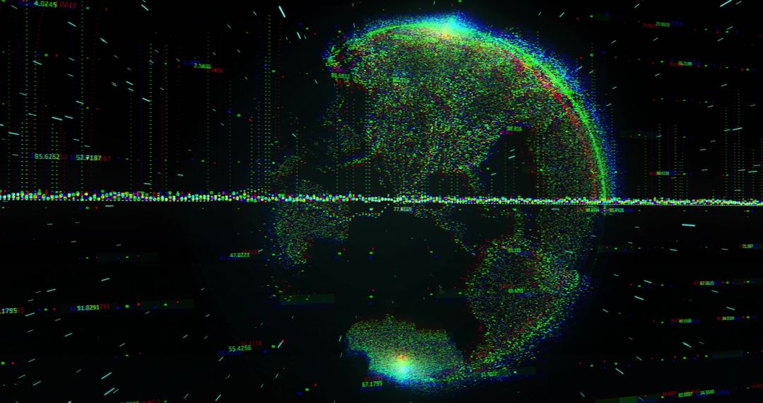 Glitch Art Rotating Earth with Data Streams in Virtual Space