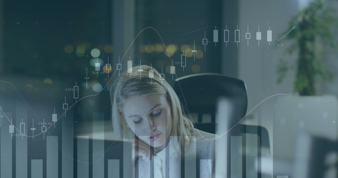 Businesswoman Analyzing Data in Office with Digital Interface Overlay