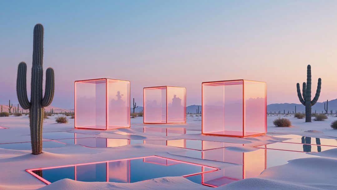 Glowing Cubes and Reflections in Desert Landscape at Sunset