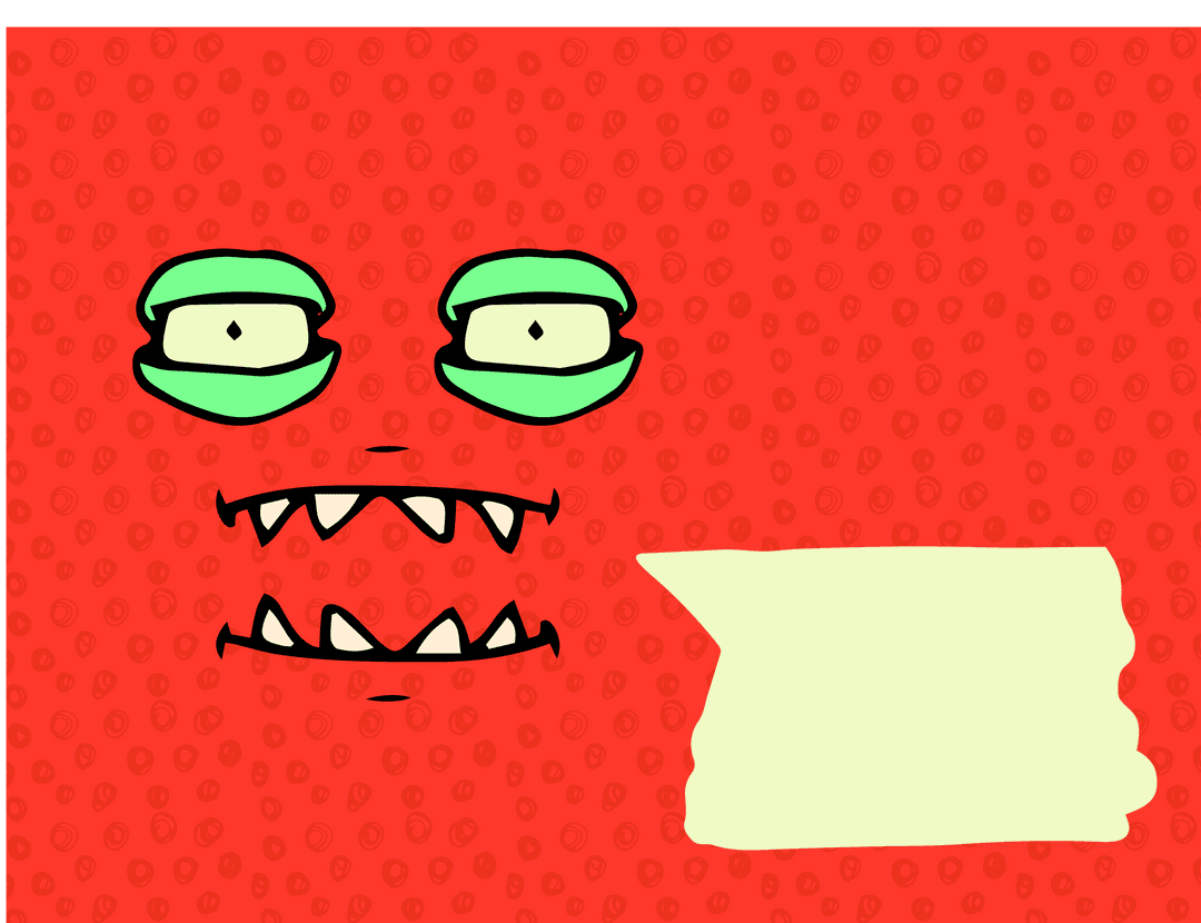 Cartoon Monster Face with Speech Bubble on Bright Red Background