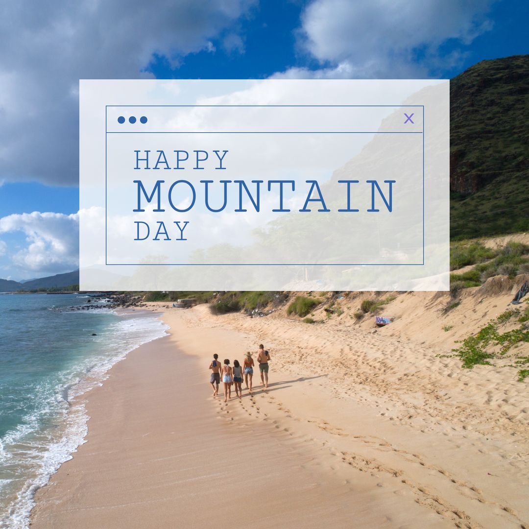 Happy Mountain Day Message on Tropical Beach Background