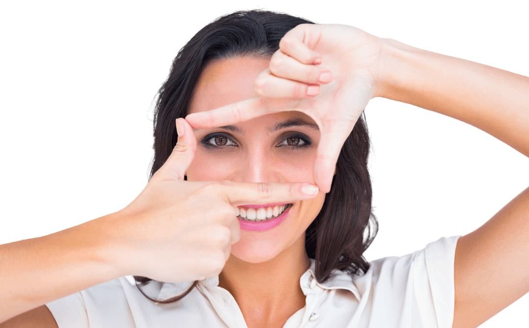 Woman Framing Face with Hands on Transparent Background