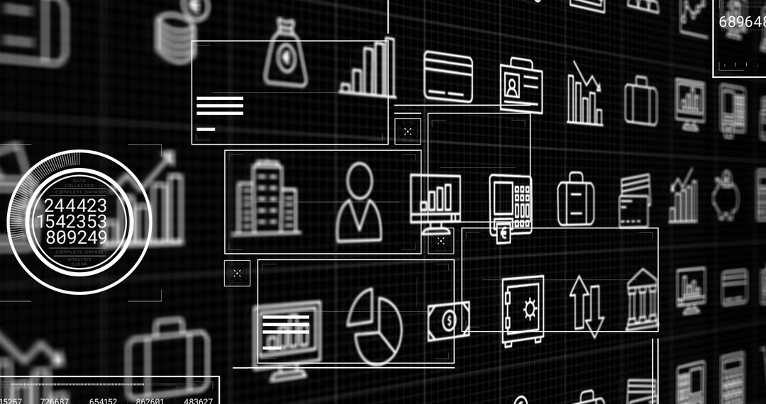 Displaying futuristic financial analytics wireframe with dashboard icons and data dial