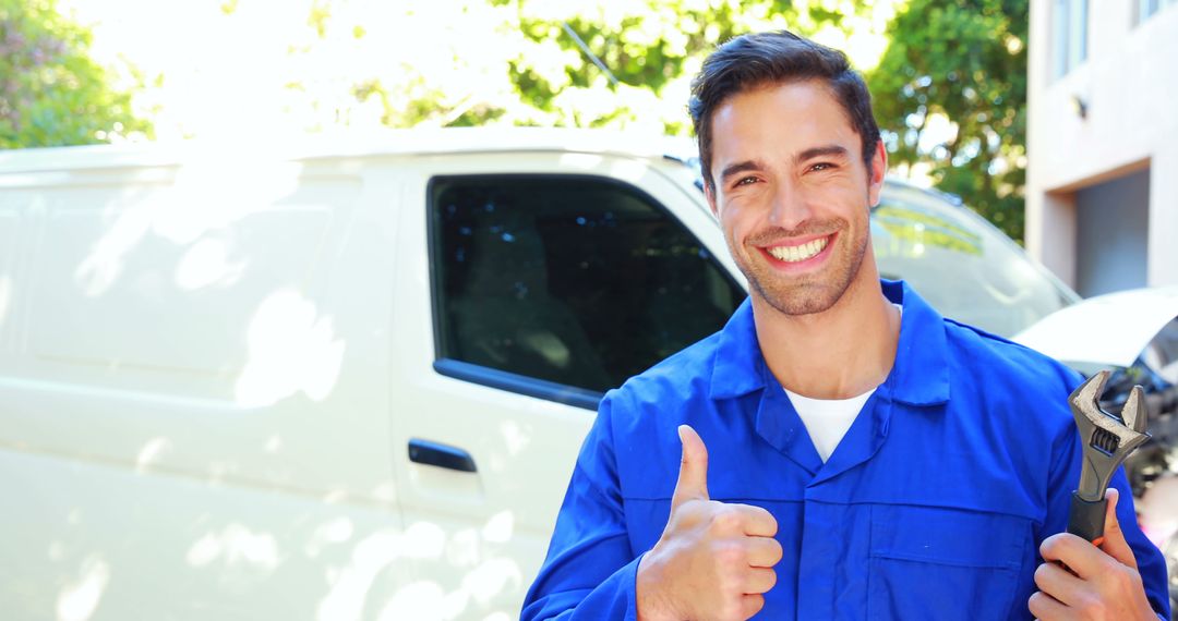 Happy Mechanic Holding Wrench and Giving Thumbs Up - Free Images, Stock Photos and Pictures on Pikwizard.com