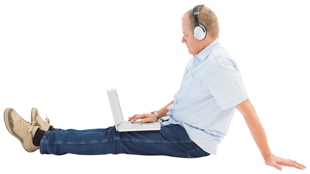 Caucasian Man with Headphones Using Laptop on Transparent Background