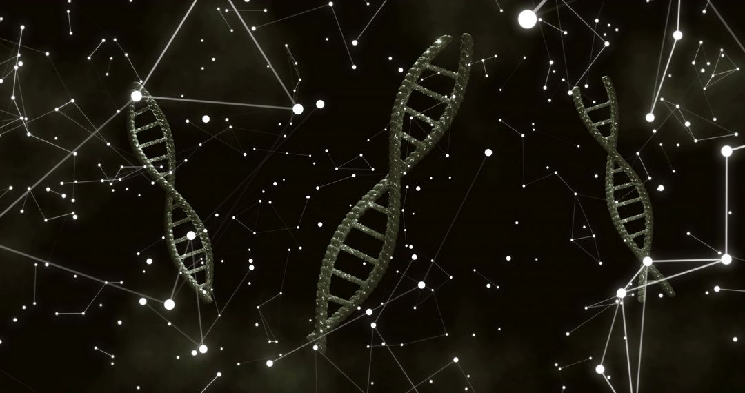 Floating DNA helix glowing in dark cosmic network with connecting nodes and particles