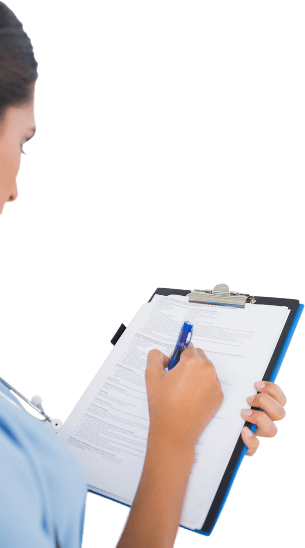 Caucasian Nurse Writing on Clipboard with Transparent Background