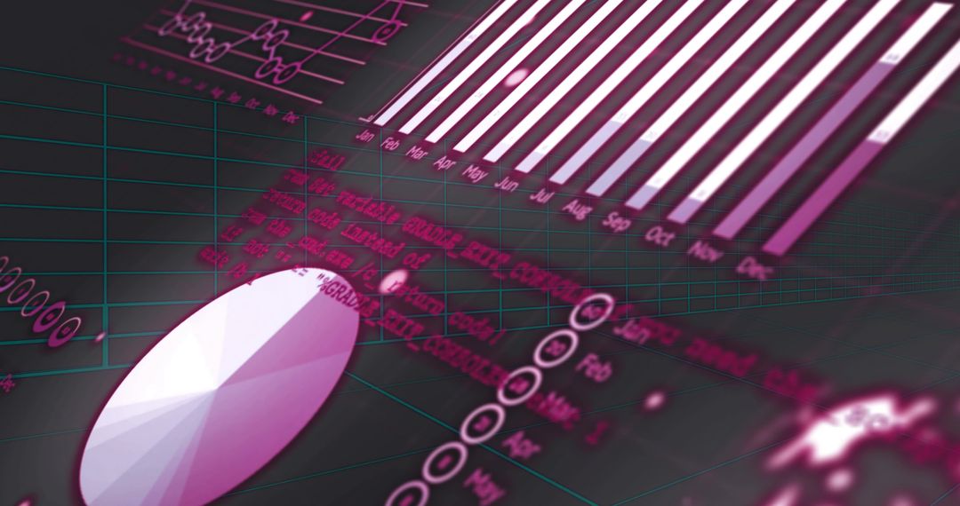Neon Analytics Dashboard with Magenta Bar Chart and Faceted Pie in Isometric Grid
