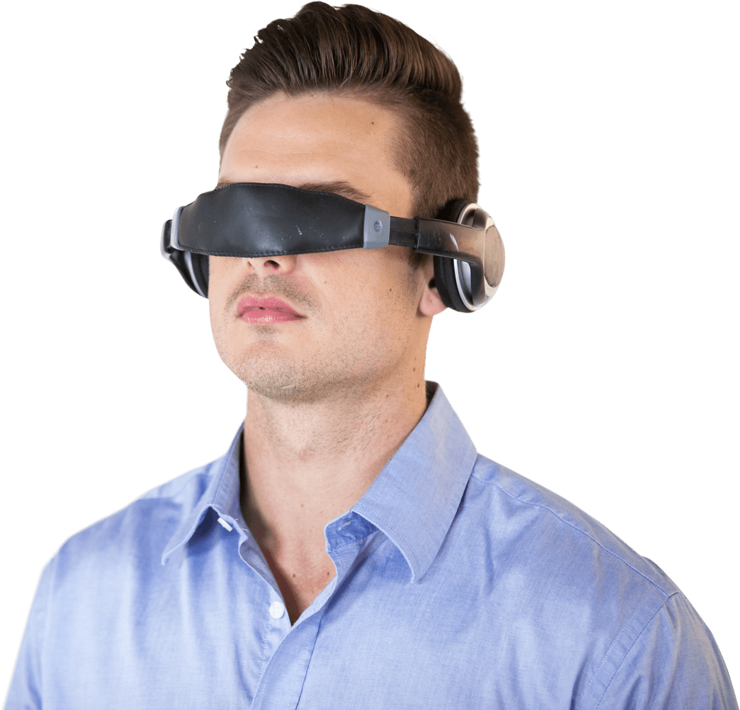 Transparent VR Headset on Young Man with Focused Expression