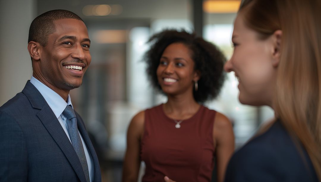 Professionals Networking in Modern Corporate Lobby with Copy Space