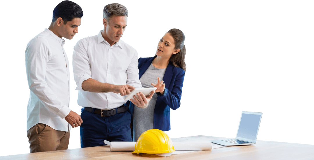 Team Discussing Blueprints at Workplace on Transparent Background