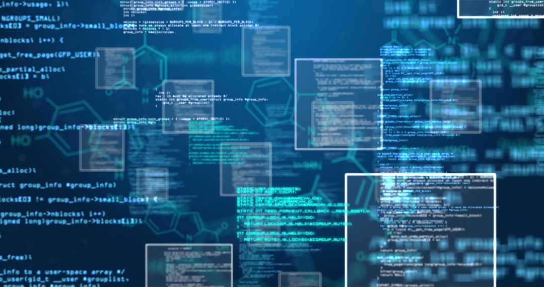 Data Processing with Tech Overlays on Blue Background