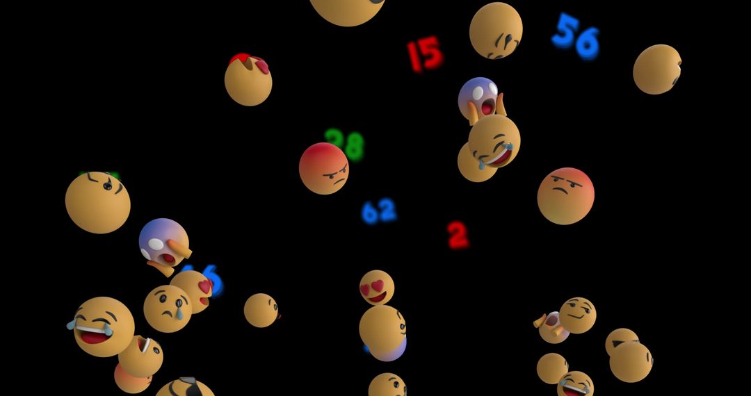 Floating Emojis and Numbers on Black Background