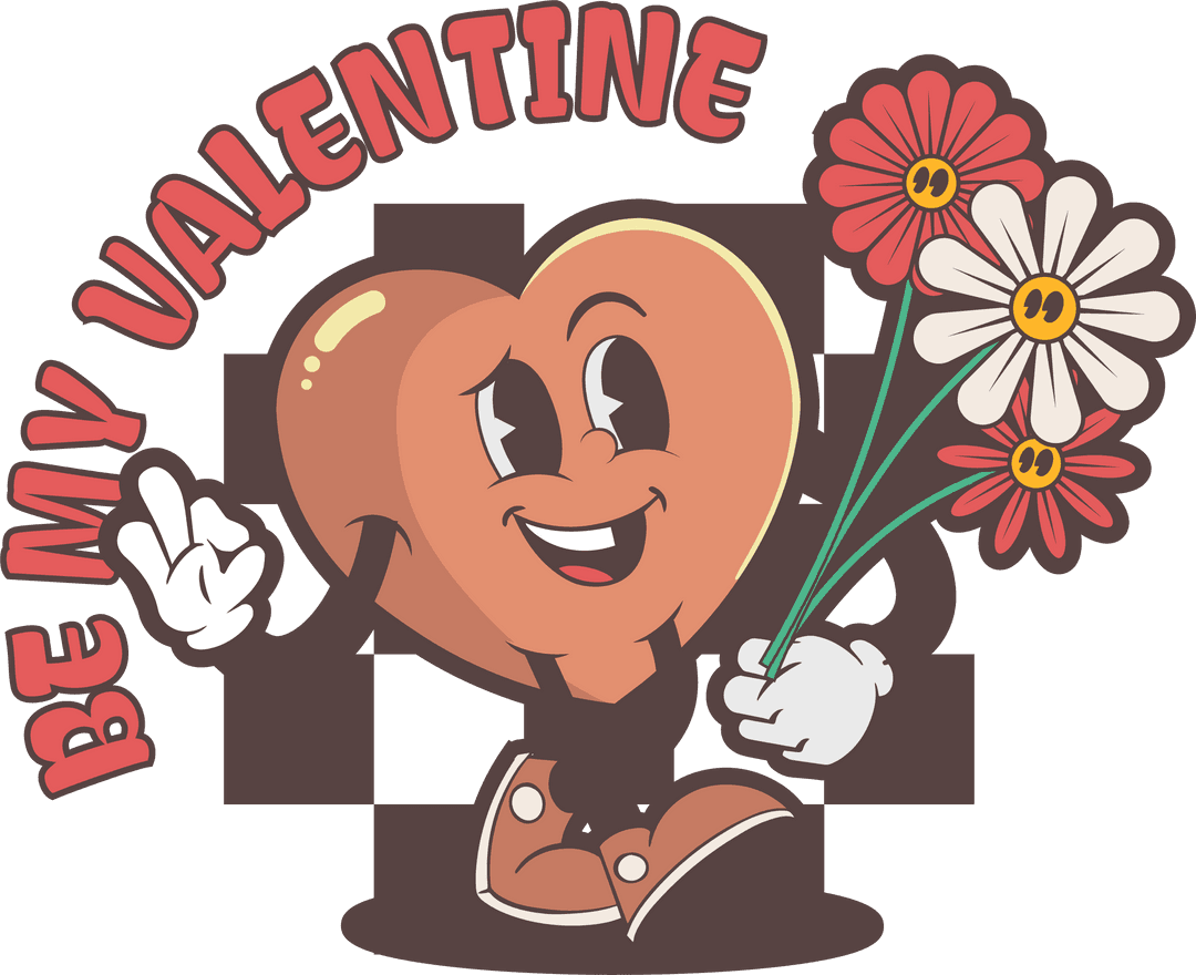 Cartoon Heart Character Holding Flowers with Be My Valentine Text