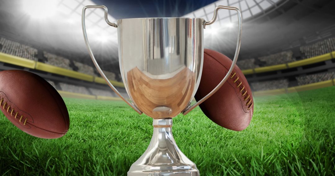 Trophy and Rugby Balls on Field in Stadium Signifying Victory