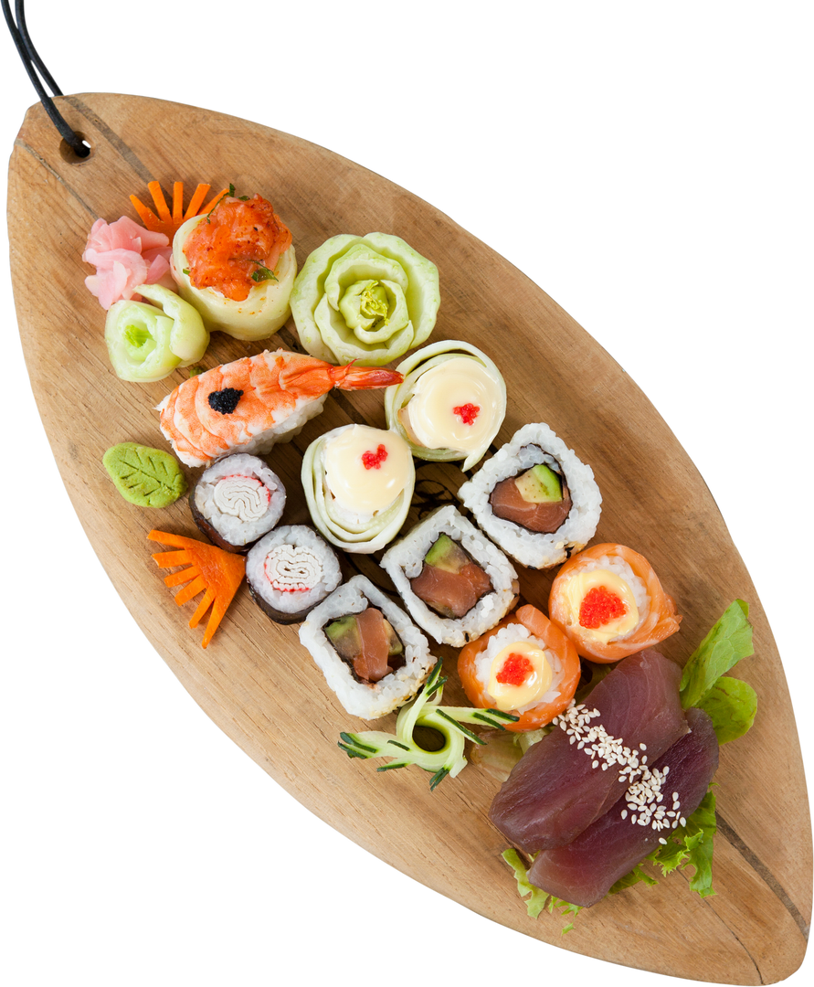 Assorted Sushi Platter on a Transparent Wooden Leaf Board - Download Free Stock Images Pikwizard.com