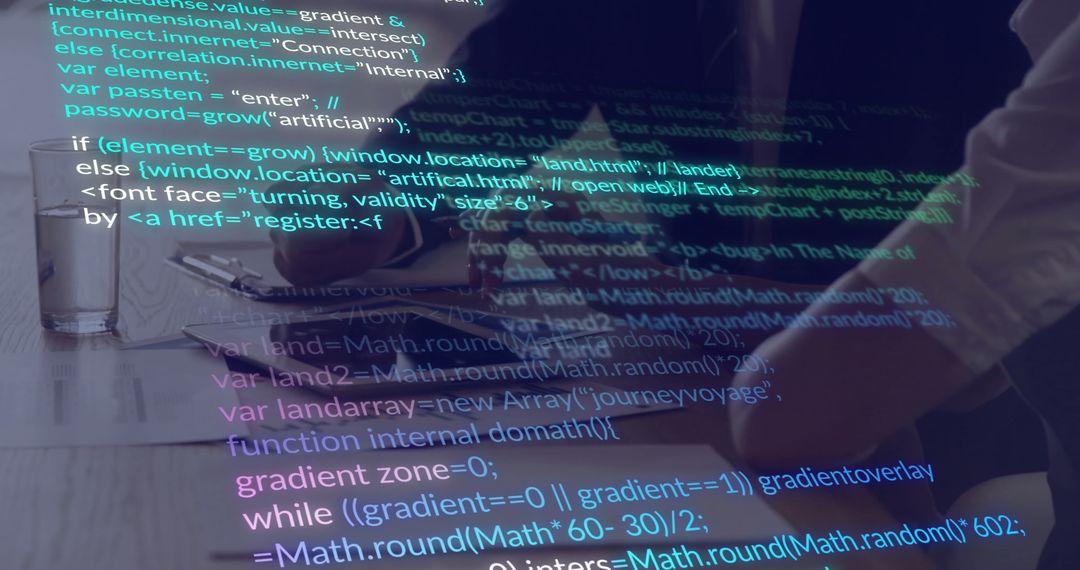 Abstract Business Collaboration Data Code Overlay in Office Setting