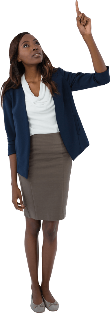 Transparent Businesswoman Pointing Upwards in Professional Attire