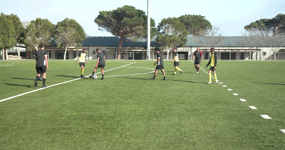 Team of Young Soccer Players Practicing on Sunny Field
