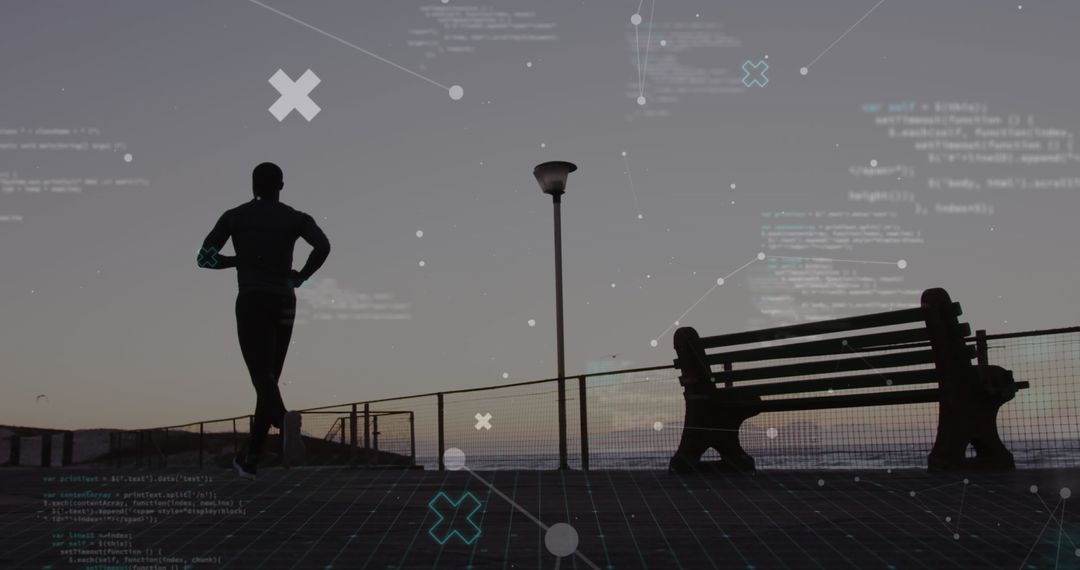 African American Man Running with Futuristic Digital Interface