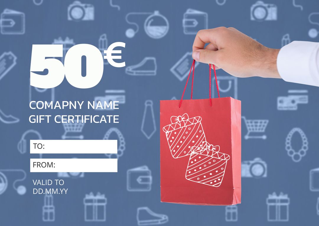 Hand Holding €50 Gift Certificate and Red Gift Bag for Loyalty Rewards - Download Free Stock Templates Pikwizard.com