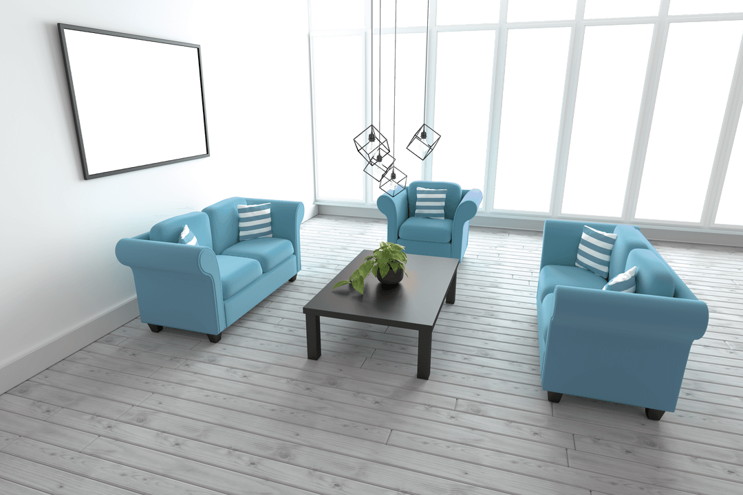 Modern Living Room with Transparent Windows and Blue Sofas