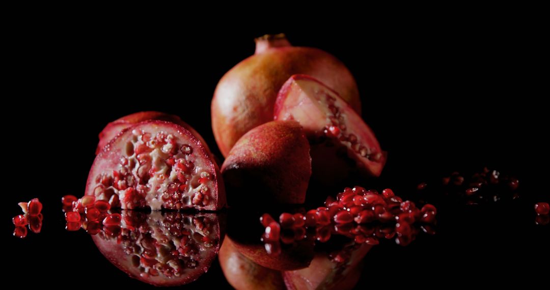 Ripe Pomegranate Seeds and Slices on Glossy Black Surface - Free Images, Stock Photos and Pictures on Pikwizard.com