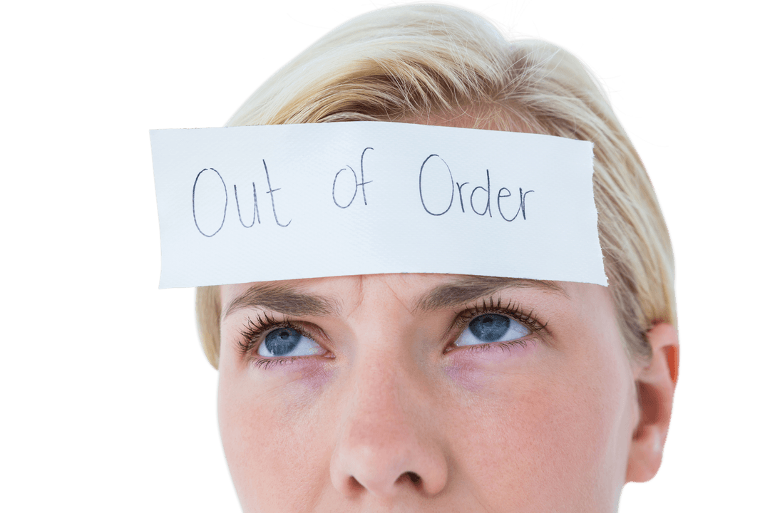 Transparent Concept Image with Out of Order Sign on Woman's Forehead
