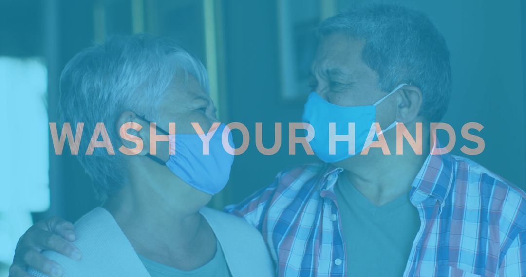 Senior Couple Embracing with COVID-19 Safety Message